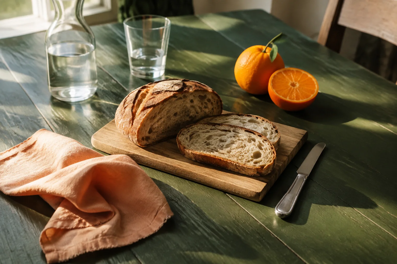 A green table with peach linen, fresh bread and citrus, styled for a relaxed meal