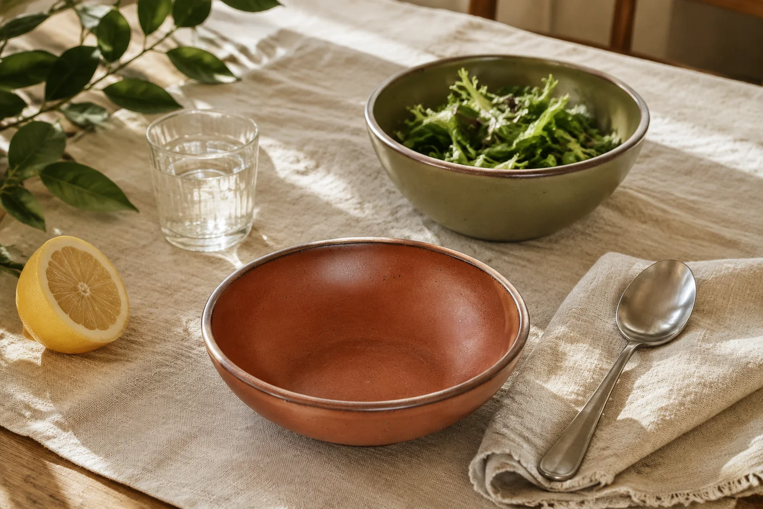 Dining inspiration: stoneware bowls, citrus and linen on a sunlit table
