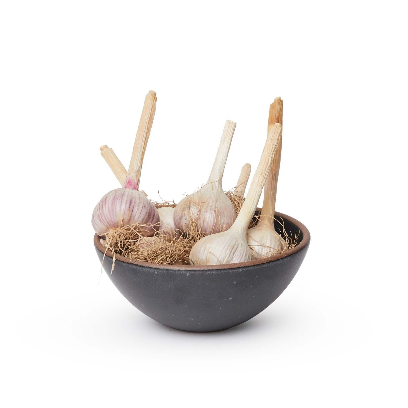 Verllage soup bowl in Graphite, shown with garlic bulbs