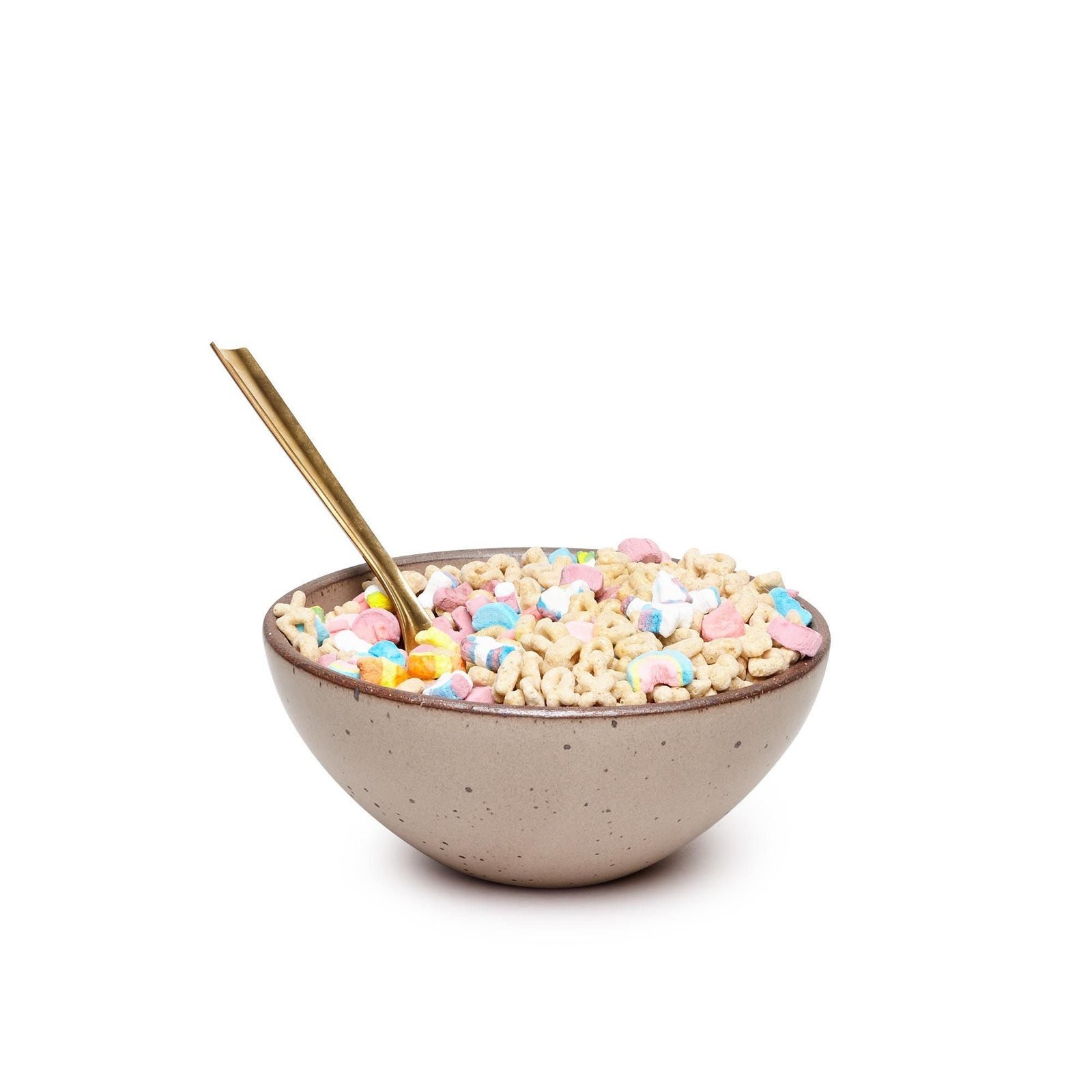 Verllage soup bowl in Warm Taupe, shown with cereal and a spoon